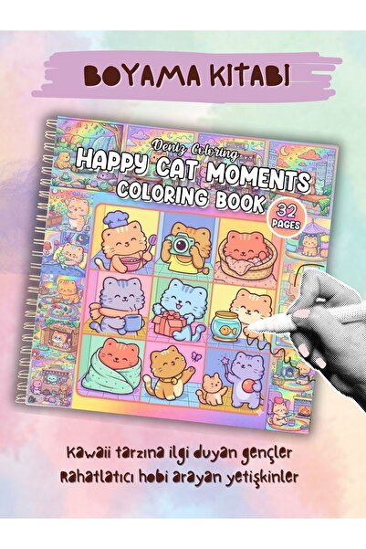 deniz9 Happy Cat Moments Boyama Kitabı - Sevimli Kediler Dünyası Kawaii Temal...