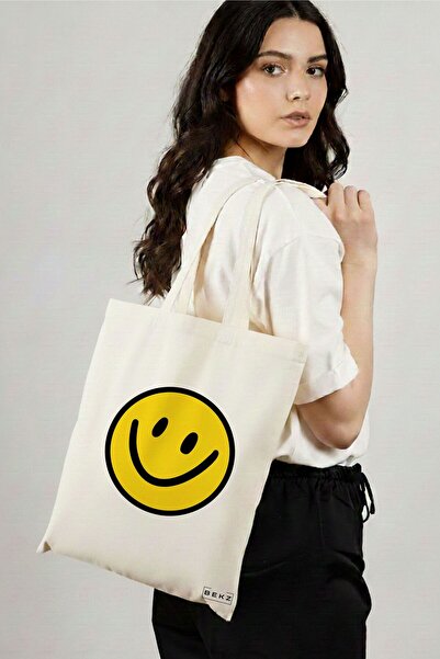 BEKZ Sacosa Cumparaturi Textila, Geanta Tote, model Happy Smile, 38x34.5 cm, ...