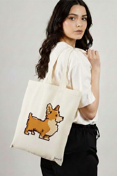 BEKZ Sacosa Cumparaturi Textila, Geanta Tote, model 8bit Doggo, 38x34.5 cm, A...