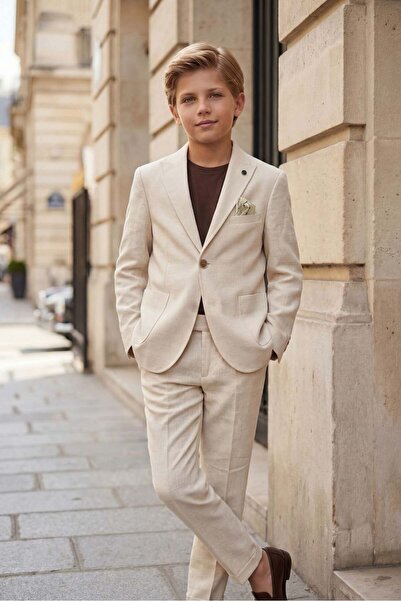 BUTİKHAPPYKİDS Αγορίστικο κρεμ λινό κοστούμι κρεπ, σακάκι, παντελόνι, μπλουζά...