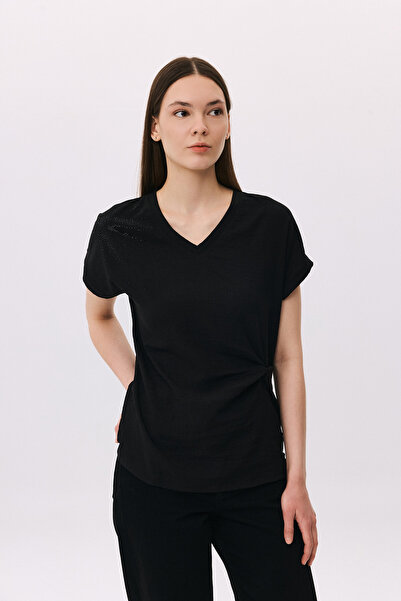 DAIDO Γυναικεία μπλούζα με λαιμόκοψη V και πέτρινη λεπτομέρεια, κοντομάνικη 6...