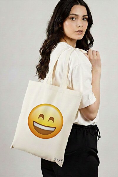 BEKZ Sacosa Cumparaturi Textila, Geanta Tote, model Happy Emoji, 38x34.5 cm, ...