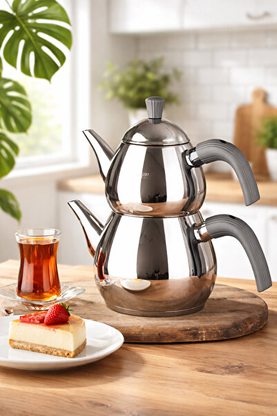 Porsima 1028 Damla Bakelite Handle Medium Size Stainless Steel Teapot Set - A...