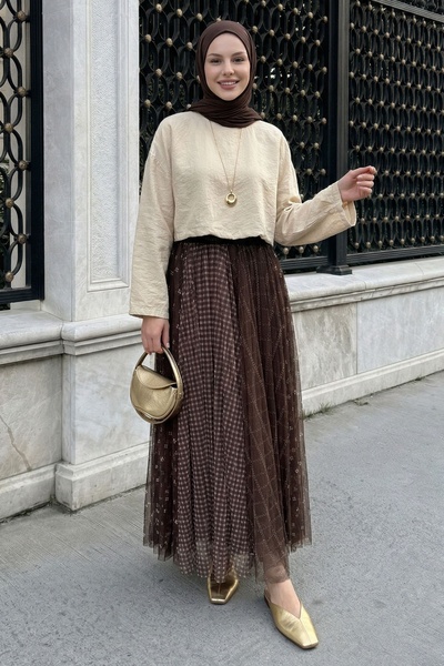 InStyle Μικτή καρό φούστα από τούλι σε καφέ απόχρωση