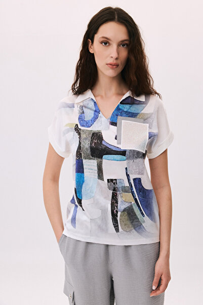 DAIDO Γυναικεία μπλούζα με κοντό μανίκι, με λαιμόκοψη πόλο και κεντημένη πέτρ...