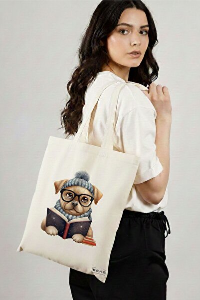 BEKZ Υφασμάτινη Τσάντα Αγορών, Τσάντα Ώμου, με σχέδιο Reading puppy 2, 38 x 3...