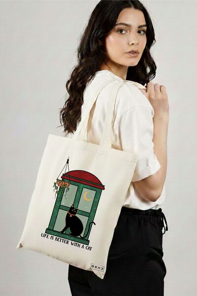 BEKZ Υφασμάτινη Τσάντα Αγορών, Τσάντα Ώμου, Σχέδιο  "Η ζωή είναι καλύτερη με ...