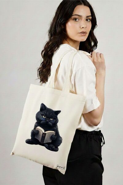 BEKZ Sacosa Cumparaturi Textila, Geanta Tote, model Reading cat 9 38 x 34.5 c...