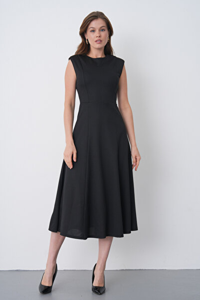 WOMAN VISION Μαύρο Αμάνικο Γυναικείο Φόρεμα Μίντι σε Γραμμή Α, Κομψό Καθημερι...