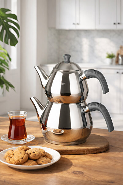 Porsima 1029 Damla Bakelite Handle Medium Size Stainless Steel Teapot Set - A...