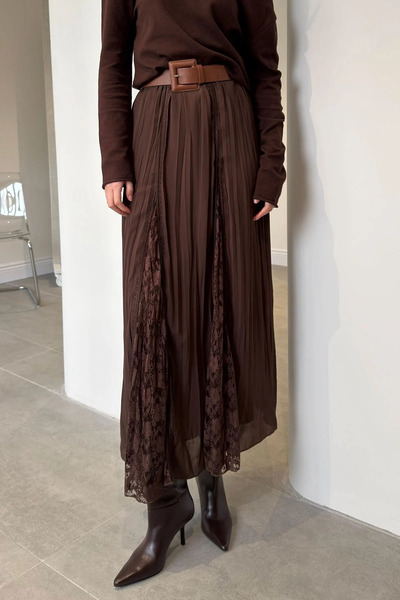 My Blog Καφέ Δαντελένια Λεπτομερής Πλισέ Φούστα - 3371