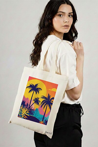 BEKZ Sacosa Cumparaturi Textila, Geanta Tote, model Tropical Sunset 38 x 34.5...