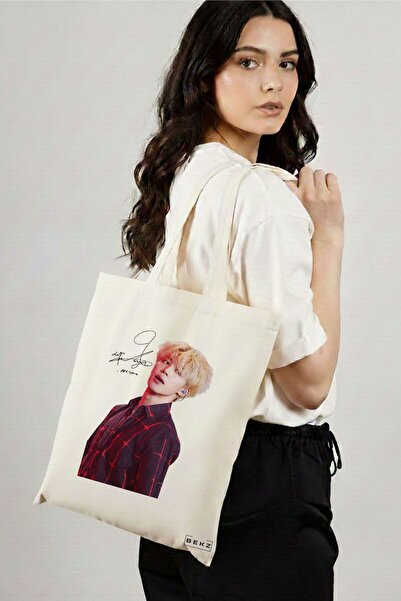 BEKZ Sacosa Cumparaturi Textila, Geanta Tote, model BTS Jimin cu semnatura 2,...