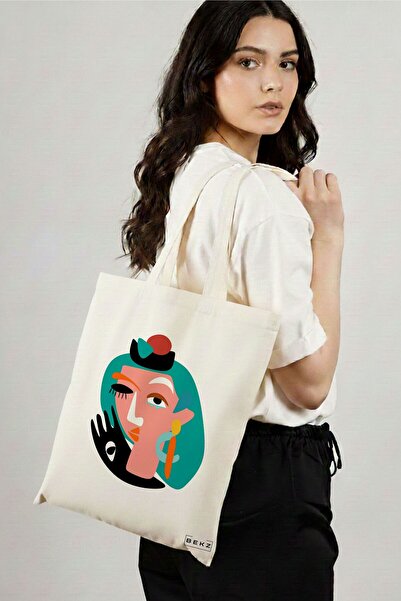 BEKZ Textile Shopping Bag, Tote Bag, Abstract face pattern, 38x34.5 cm, White...