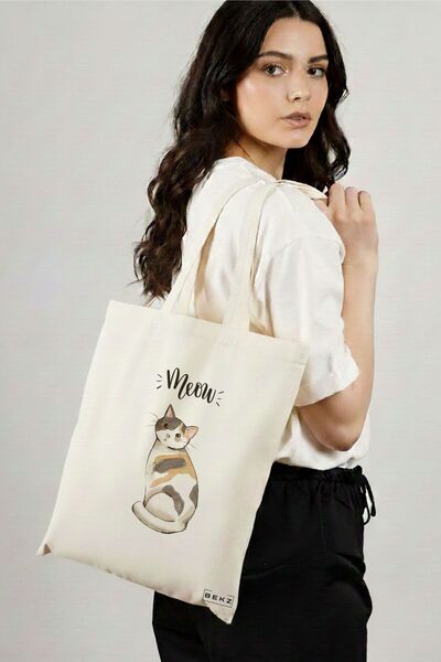 BEKZ Sacosa Cumparaturi Textila, Geanta Tote, model Meow 2, 38x34.5 cm, Alba,...