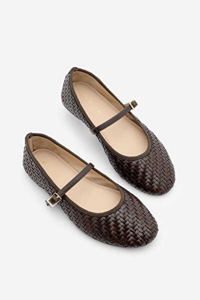Marjin Kadın Yuvarlak Burun Bantlı Örgü Desen Mary Jane Günlük Babet Avinel K...