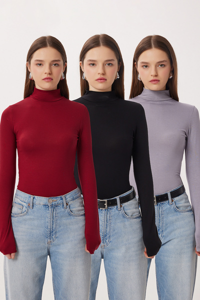 Lovelyİstanbul Συσκευασία 3 τεμαχίων Μπλούζα με ζιβάγκο από βισκόζη LRN0022 Μ...