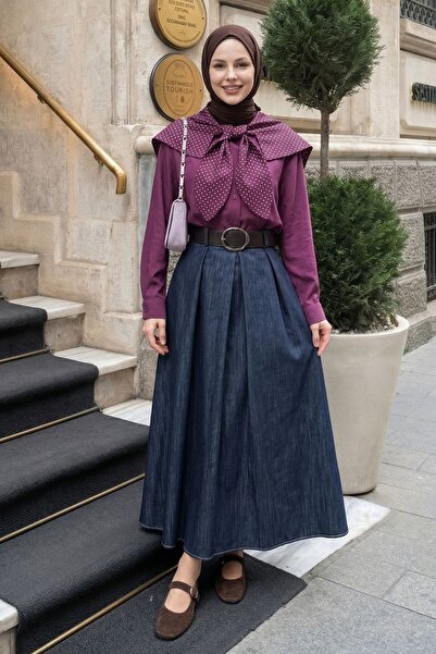 InStyle Belted Dark Blue Denim Skirt