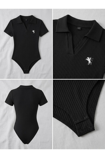 Generic Brand Meowl Polo Collar Ribbed Lycra Premium Bodysuit