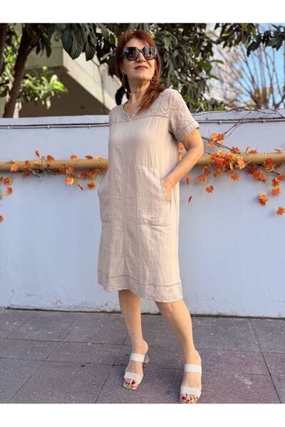 DenizEge Φόρεμα Didim από βαμβάκι με επένδυση, μπεζ