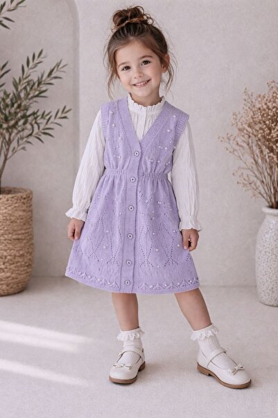 Herhis KIZ ÇOCUK&BEBEK TRİKO İNCİ İŞLEMELİ DÜGMELİ ELBİSE