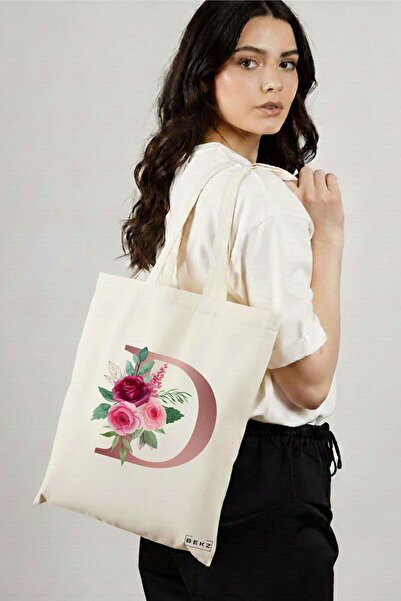 BEKZ Textile Shopping Bag, Tote Bag, With Rose Gold Letter D and Roses, 38x34...