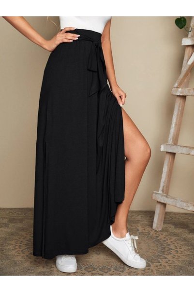 Generic Brand Women's High Waist Belted Long Sandy Skirt with Side Slits
