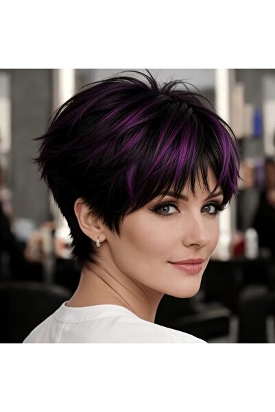 animis beauty Perucă scurtă neagră cu șuvițe mov, din fibră sintetică, cu asp...