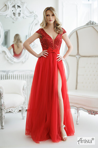 Artista Κομψό μακρύ κόκκινο φόρεμα με παγιέτες και σκίσιμο στο πλάι