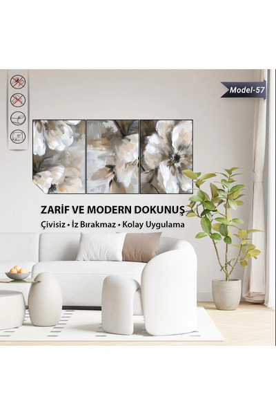 Tutunabilir Kağıt Statik Tutunma Özellikli 3’lü Çiçek Tablo Seti – Modern Dek...