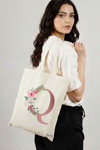 BEKZ Textile Shopping Bag, Tote Bag, With Letter Q Rose Gold and Roses, 38x34...