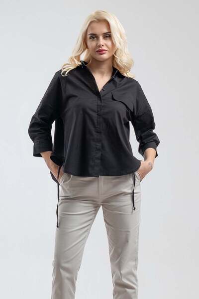 Bold & Young Γυναικείο μαύρο πουκάμισο με λεπτομέρεια από κορδόνι, υπερμεγέθη...