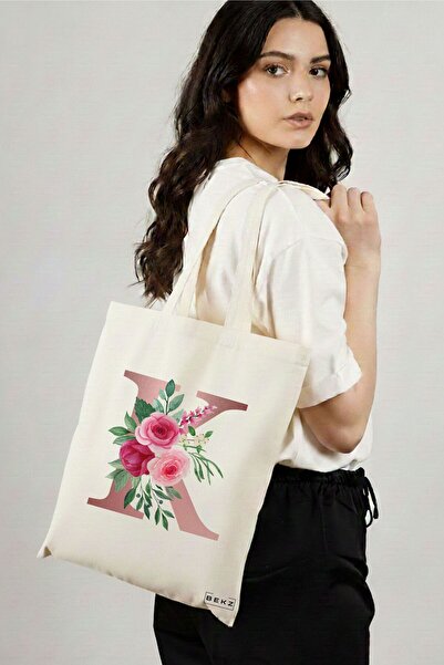 BEKZ Textile Shopping Bag, Tote Bag, With Letter K Rose Gold and Roses, 38x34...