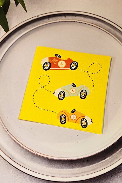 PEKSHOP Retro Racing Cars Printed Yellow Square Fabric Textured Napkin 12 Pieces