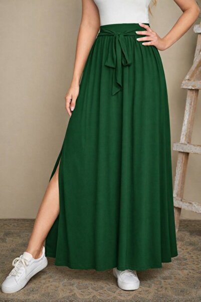 Wear Up Women's High Waist Belted Long Sandy Skirt with Side Slits