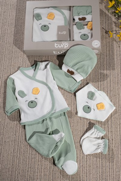 TURP BABY Cotton 3D Ear Detailed Boxed 5-Piece Newborn Hospital Discharge Set Mint Green