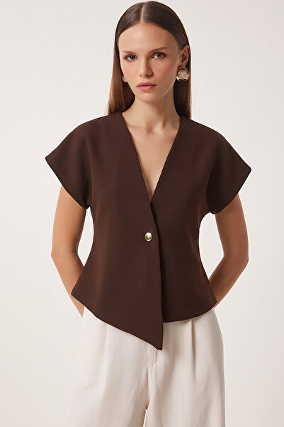 Lovelyİstanbul Ασύμμετρη υφαντή μπλούζα με χρυσά κουμπιά LZH0024 ΚΑΦΕ