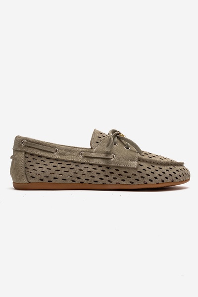LuviShoes Stevo Green Suede Genuine Leather Perforated Lace-Up Women's Loafer Shoes