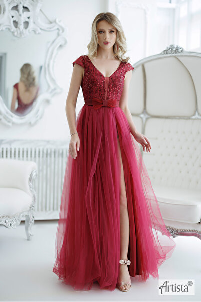 Artista Κομψό μακρύ κόκκινο φόρεμα με παγιέτες και σκίσιμο στο πλάι