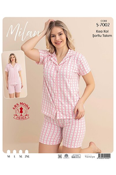 ars moda ışığı Milan Heart Patterned Pink Short Sleeve-Shorts Set
