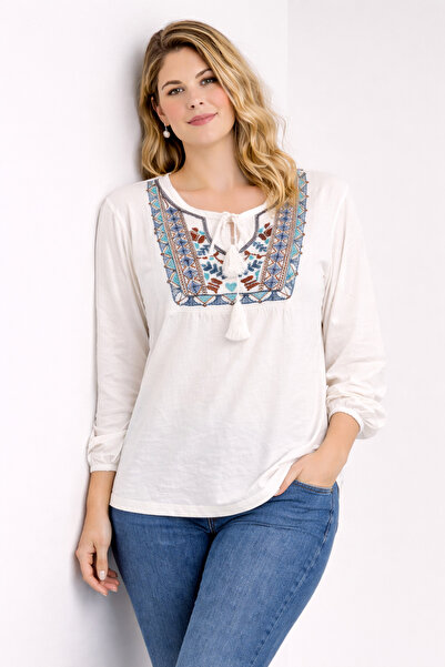 Şans Γυναικεία Μπλούζα Μεγάλου Μεγέθους Λευκή, με Λεπτομέρεια Κεντήματος, Ελα...