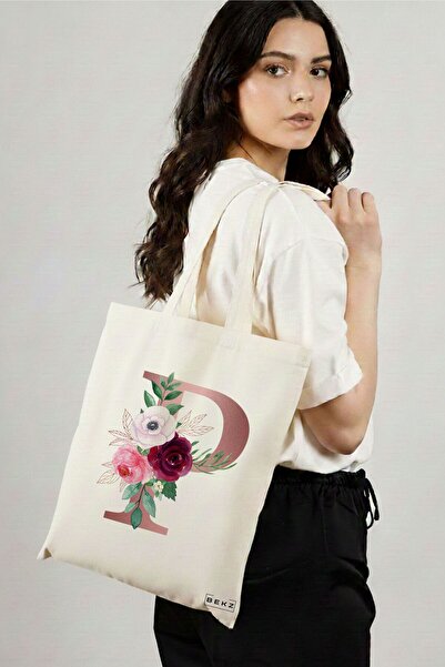 BEKZ Textile Shopping Bag, Tote Bag, With Rose Gold Letter P and Roses, 38x34...