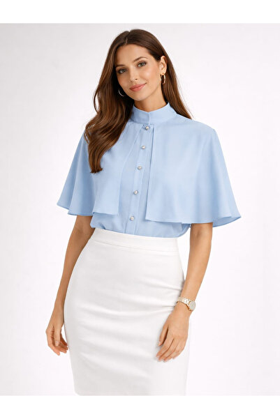 Harera Voile Elegant Shirt with Cape and Russian Collar, Light Blue