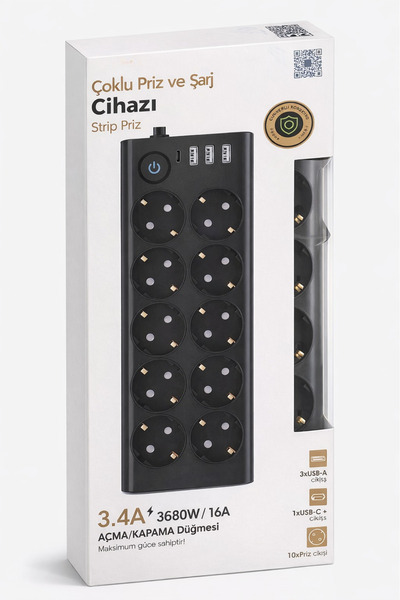 MO DOU 10’lu Akım Korumalı Çoklu Priz 3 USB-A + Type-C 3680W Anahtarlı Uzatma...