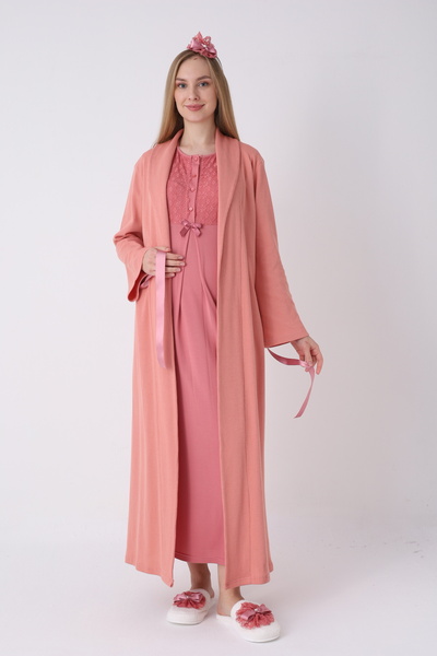 ERDENİZ TEKSTİL Lace Detailed Maternity Dressing Gown and Nightgown Set - Cot...
