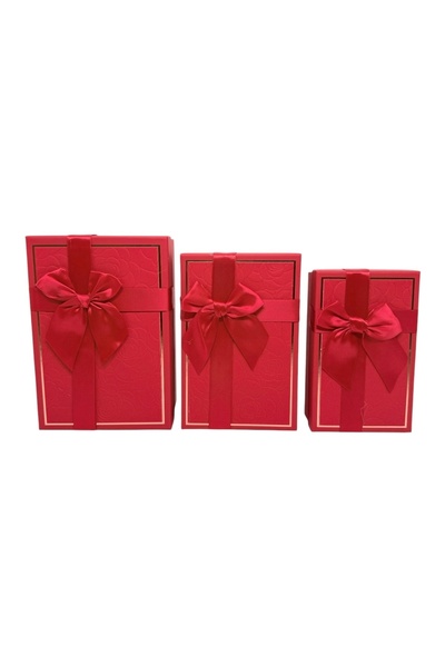 AFO Set of 3 Rectangular Boxes with Red Embossed Bow and Roses