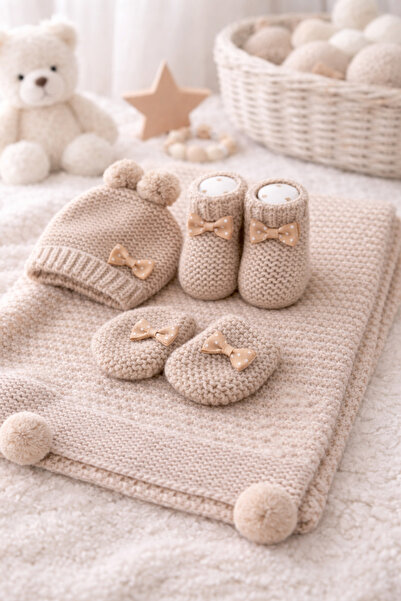 nivo baby Triko Bebek Battaniye Seti – Yenidoğan Şapka Eldiven Patik 4’lü Has...