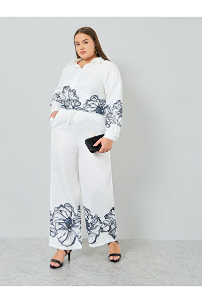 Styli Plus Size White Floral Wide Leg Trousers
