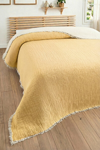 Sevim لحاف موسلين مبطن 5 طبقات مقاس 240x260 سم - غطاء سرير ناعم مقاس كبير - أصفر
