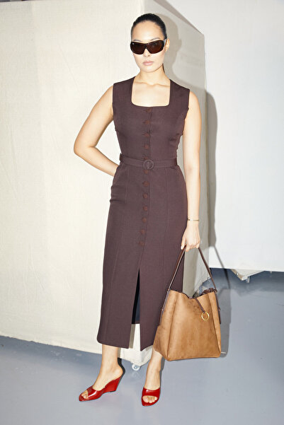 Swass Υφασμάτινο φόρεμα με λεπτομέρεια στα κουμπιά, καφέ χρώμα